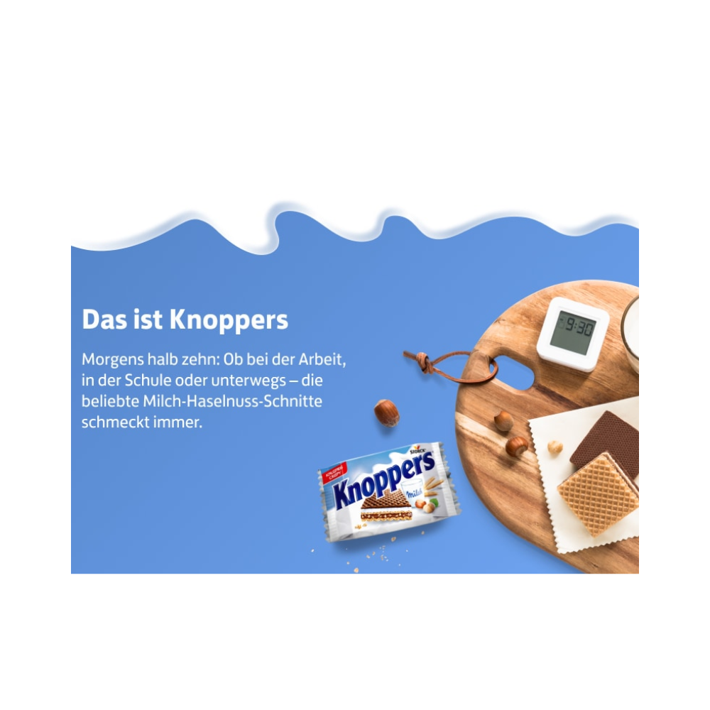 Knoppers – 24 x 25 g – Gefüllte Waffelschnitten mit Milch- und Nougatcreme, Haselnüssen und Kakao